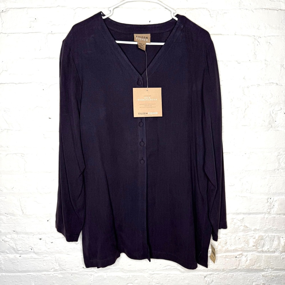Eileen Fisher Women Shirt Jacket Sz 2 M/L Purple Herringbone V-neck Silk Top